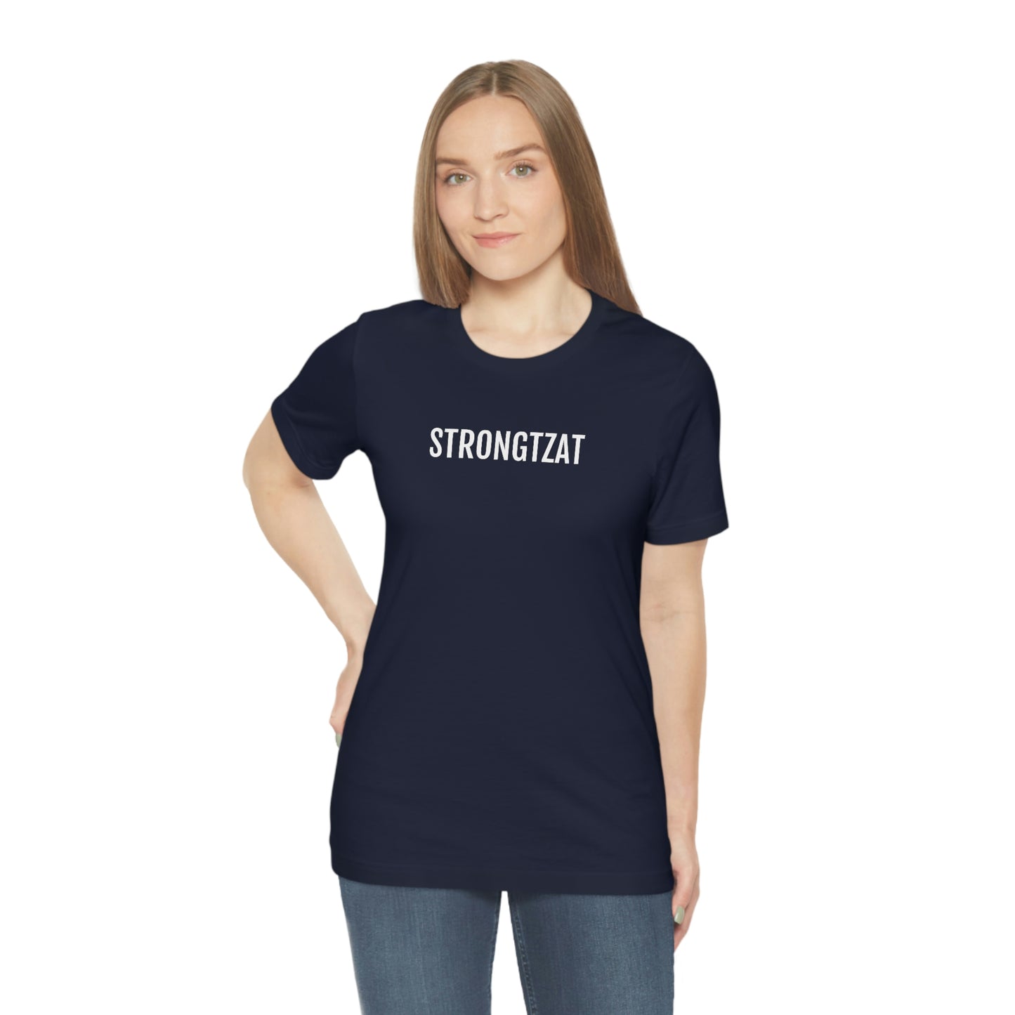 Strongtzat | Unisex T-Shirt uit Oost-Vlaanderen - marine blauw op vrouwelijk model