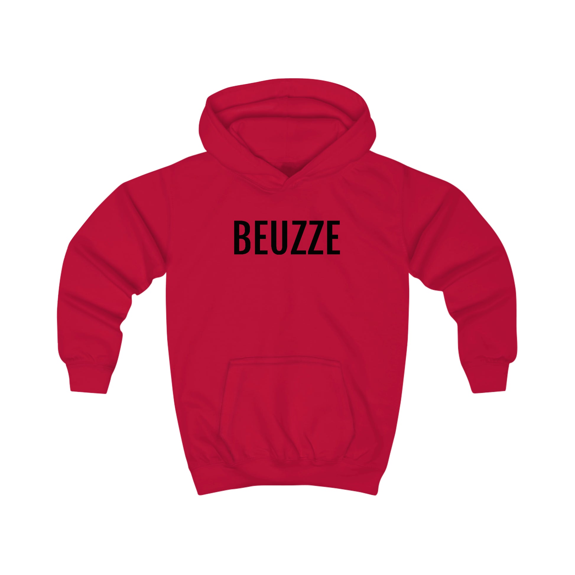 Rode trui met kap voor kinderen met Beuzze opdruk in het Brussels dialect